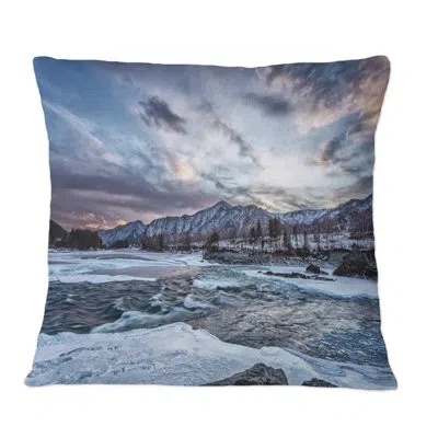 Design Art Old Mountain River Among Snow At Sunrise - Lake House Printed Throw Pillow In White