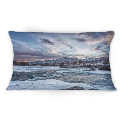Design Art Old Mountain River Among Snow At Sunrise Lumbar Pillow