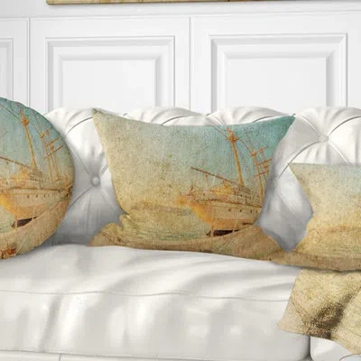 Design Art Old Sailing Ship In Sunlight - Sea & Shore Printed Throw Pillow In Blue;orange