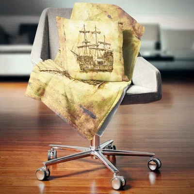 Design Art Old Travelling Boat Drawing - Sea & Shore Printed Pillow In Blue;black;brown;green;red;yellow