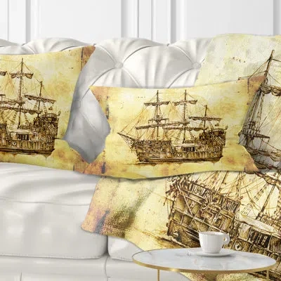 Design Art Old Travelling Boat Drawing - Sea & Shore Printed Throw Pillow