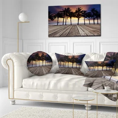 Design Art Old Wood Terrace On Sea Beach Landscape Printed Throw Pillow In Multi-color