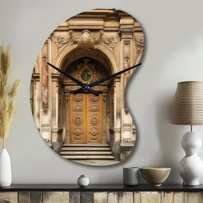 Design Art Old Wooden Door With Carvings In Paris, France Ii - Asymmetrical Traditional Metal Wall Clock, Brown In Brown;gold