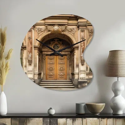 Design Art Old Wooden Door With Carvings In Paris, France Ii - Paris Asymmetrical Metal Wall Clock, Brown Irreg In Brown;gold
