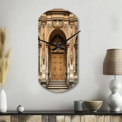 Design Art Old Wooden Door With Carvings In Paris, France Ii - Paris Cylinder Metal Wall Clock, Traditional Asy In Brown;gold
