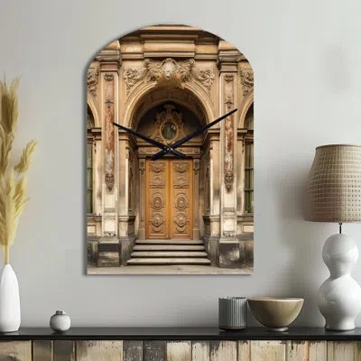 Design Art Old Wooden Door With Carvings In Paris, France Ii - Unique Shape Paris Metal Wall Clock, Freeform Cl In Brown;gold