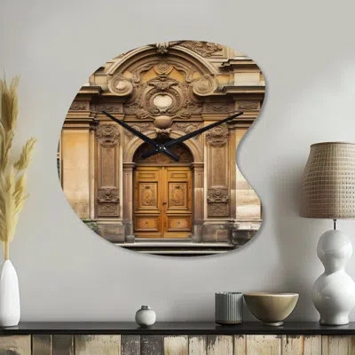 Design Art Old Wooden Door With Carvings In Paris, France V - Asymmetrical Paris Metal Wall Clock, Brown Wall C In Brown;gold