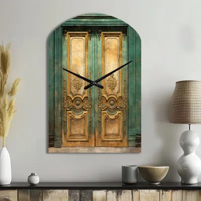 Design Art Old Wooden Door With Carvings In Paris, France Vi - Paris Asymmetrical Metal Wall Clock, Traditional In Green;gold