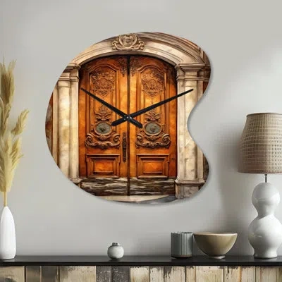 Design Art Old Wooden Door With Carvings In Paris Iii - Paris Asymmetrical Metal Wall Clock, Brown Unique Shape In Brown;gold
