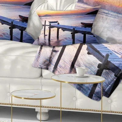 Design Art Old Wooden Pier At Sunset - Sea & Shore Printed Throw Pillow