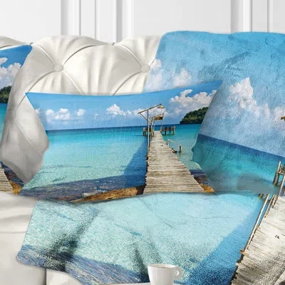 Design Art Old Wooden Pier In Sea - Sea & Shore Printed Throw Pillow