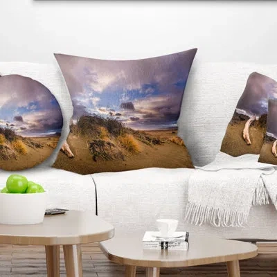 Design Art Old Wooden Trunk In The Sunset - Sea & Shore Printed Pillow In Blue;white