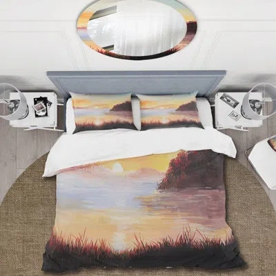 Design Art On The Lake With The Reeds - Nautical & Coastal Duvet Cover Set - Microfiber Polyester In Yellow