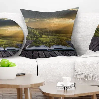 Design Art Open Book To Green Valley - Landscape Printed Pillow In Brown;green