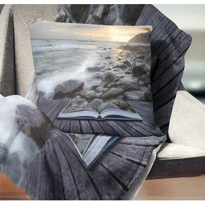 Design Art Open Book To The Evening Sea - Landscape Printed Pillow In Gray