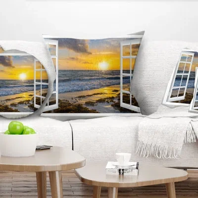 Design Art Open Window To Bright Yellow Sunset - Sea & Shore Printed Pillow In White;orange