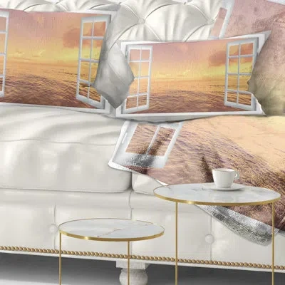 Design Art Open Window To Brown Seashore - Sea & Shore Printed Throw Pillow