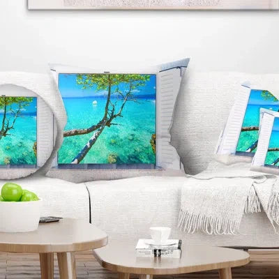 Design Art Open Window To Gorgeous Seashore - Sea & Shore Printed Pillow In Blue;white
