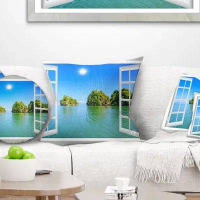Design Art Open Window To Ocean Islets - Landscape Printed Pillow In Blue;white
