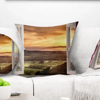 Design Art Open Window To Rural Landscape - Landscape Printed Throw Pillow In White;tan