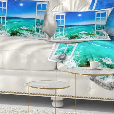 Design Art Open Window To Wavy Ocean - Sea & Shore Printed Throw Pillow