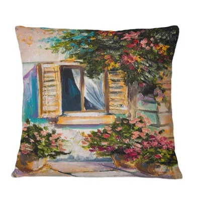 Design Art Open Window With Vibrant Flowers In Greek Street - Colonial Printed Throw Pillow In Brown