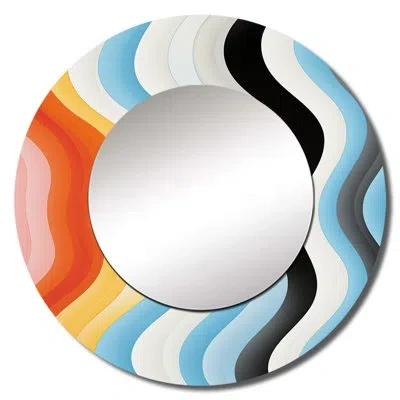 Design Art Opt Art Straight Line Delirum I - Op Art Mirror, Modern Round Unique Wall Mirror, Printed Metal Art In Multi-color