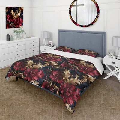 Design Art Opulent Baroque Scrolls Victorian Pattern Ii Duvet Cover Set In Black;red;gold