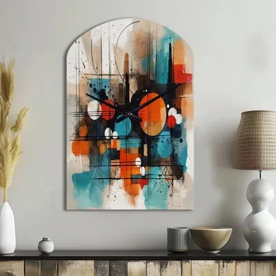 Design Art Orange Abstracted Geometric Explorations Iii - Geometric Arch Metal Clock, Orange Asymmetrical Wall  In Blue;orange