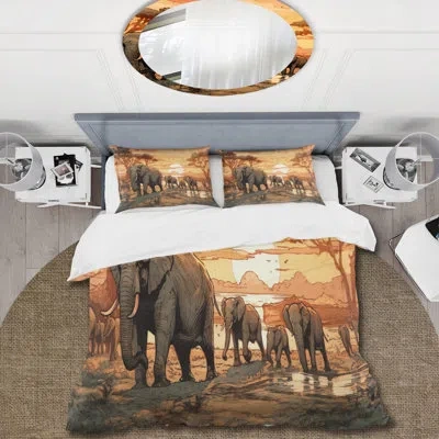 Design Art Orange African Safari With Elephants I - Elephant Duvet Cover Set - Microfiber Polyester In Brown;orange