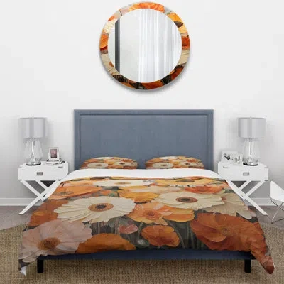 Design Art Orange And Beige Fiery Blooms 3 - Marigold Duvet Cover Set In Yellow;orange