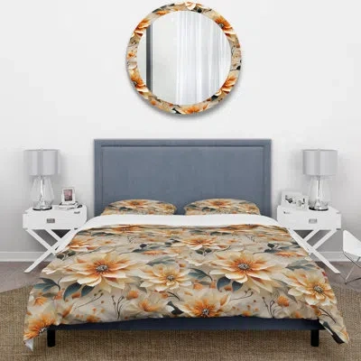 Design Art Orange And Beige Geometric Floral Fusion V - Floral Duvet Cover Set In White;beige