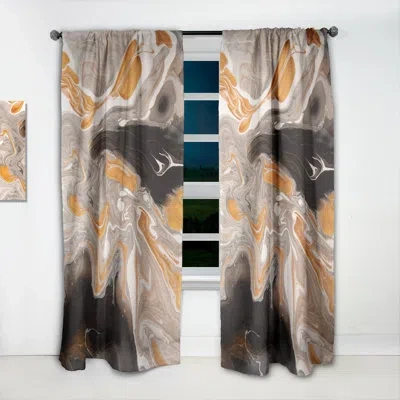 Design Art Orange And Black Marble Waves Iii - Modern Curtain - Velvet Room Darkening - 1 Panel