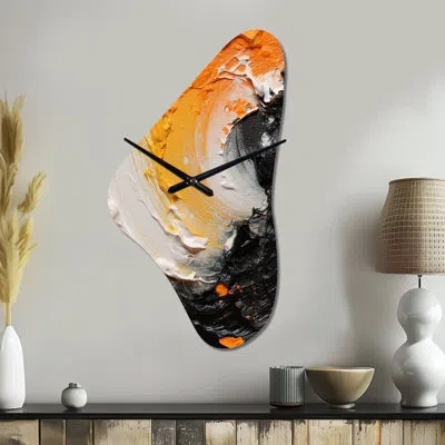 Design Art Orange And Black Mystic Spirals Iii - Abstract Spirals Asymmetrical Metal Wall Clock, Modern Unique  In Black;orange