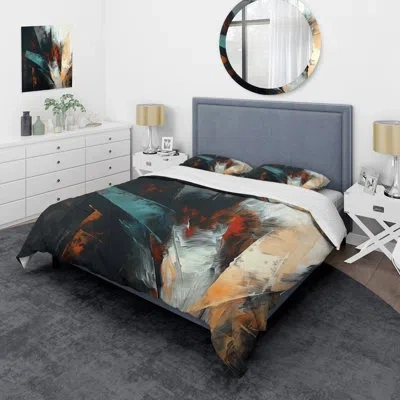 Design Art Orange And Blue Abstract Mixed Colors Ii - Minimalism Duvet Cover Set - Microfiber Polyester In Blue;black