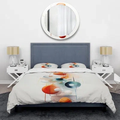Design Art Orange And Blue Circles In Harmony Ii - Abstract Geometric Duvet Cover Set In Blue;orange