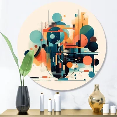 Design Art Orange And Blue Contemplative Space Iii - Abstract Minimalism Round Wall Art On Metal In Blue;orange