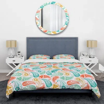 Design Art Orange And Blue Floral Paisley Duvet Cover Set In Turquoise,yellow,white