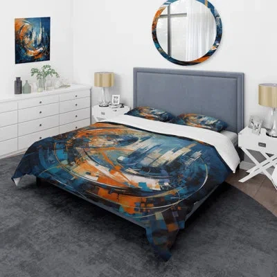 Design Art Orange And Blue Geometric Equilibrium Iv - Abstract Geometric Duvet Cover Set - Microfiber Polyester In Blue;orange