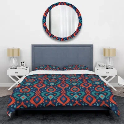 Design Art Orange And Blue Ikat Ogee - Abstract Duvet Cover Set - Microfiber Polyester In Orange,blue