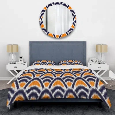 Design Art Orange And Blue Ikat Ogee - Abstract Duvet Cover Set - Microfiber Polyester In Orangle,navy