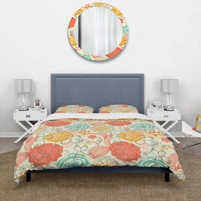 Design Art Orange And Blue Retro Flowers - Mid-century Modern Duvet Cover Set - Microfiber Polyester In Yellow;orange;multi-color