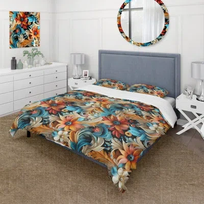 Design Art Orange And Blue Romantic Roses Paisley Pattern - Paisley Duvet Cover Set - Microfiber Polyester In Blue;orange;cream