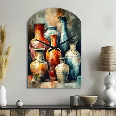 Design Art Orange And Green Boho Pottery - Arch Boho Pottery Metal Wall Clock, Orange Wall Clock Print In Green;orange