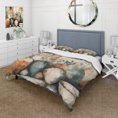 Design Art Orange And Green Channeling Bohemian Vibes - Boho Feather Duvet Cover Set - Microfiber Polyester In Green;orange