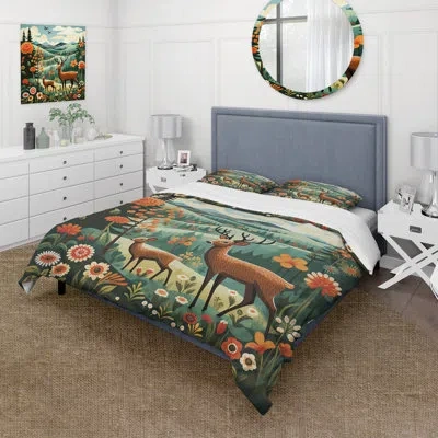 Design Art Orange And Green Deer Family Wood Serenity - Deer Landscape Duvet Cover Set In Green;orange