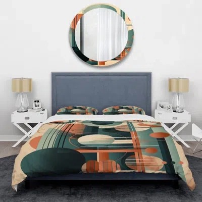 Design Art Orange And Green Mid Century Momentum Iv - Abstract Duvet Cover Set - Microfiber Polyester In Green;orange