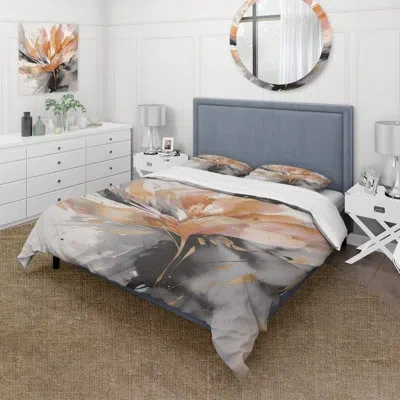 Design Art Orange And Grey Mesmerizing Marble Abstraction - Abstract Duvet Cover Set - Microfiber Polyester In Gray;orange