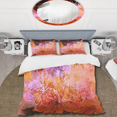 Design Art Orange And Purple Abstract Flowers - Modern Duvet Cover Set - Microfiber Polyester In Pink;orange