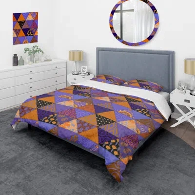 Design Art Orange And Purple Patchwork - Abstract Duvet Cover Set - Microfiber Polyester